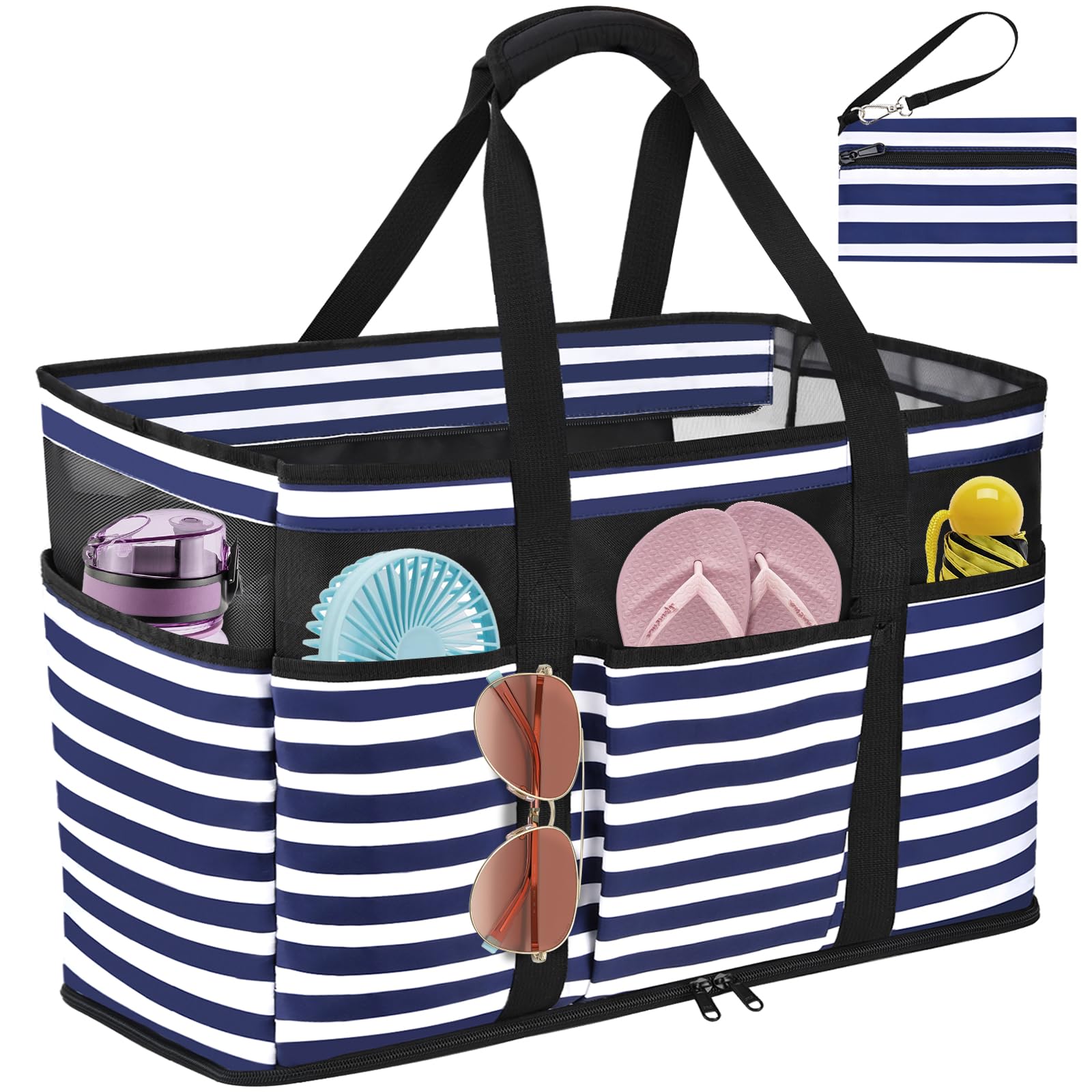 TEUEN Bolsa Playa Grande XXL Familiar, Ligero Bolso Malla Mujer de Hombro Impermeable Antiarena con Cremallera Multi Bolsillos Bolso Tote de Nailon para Picnic,Vacaciones,Compras,Trabajo,Viaje