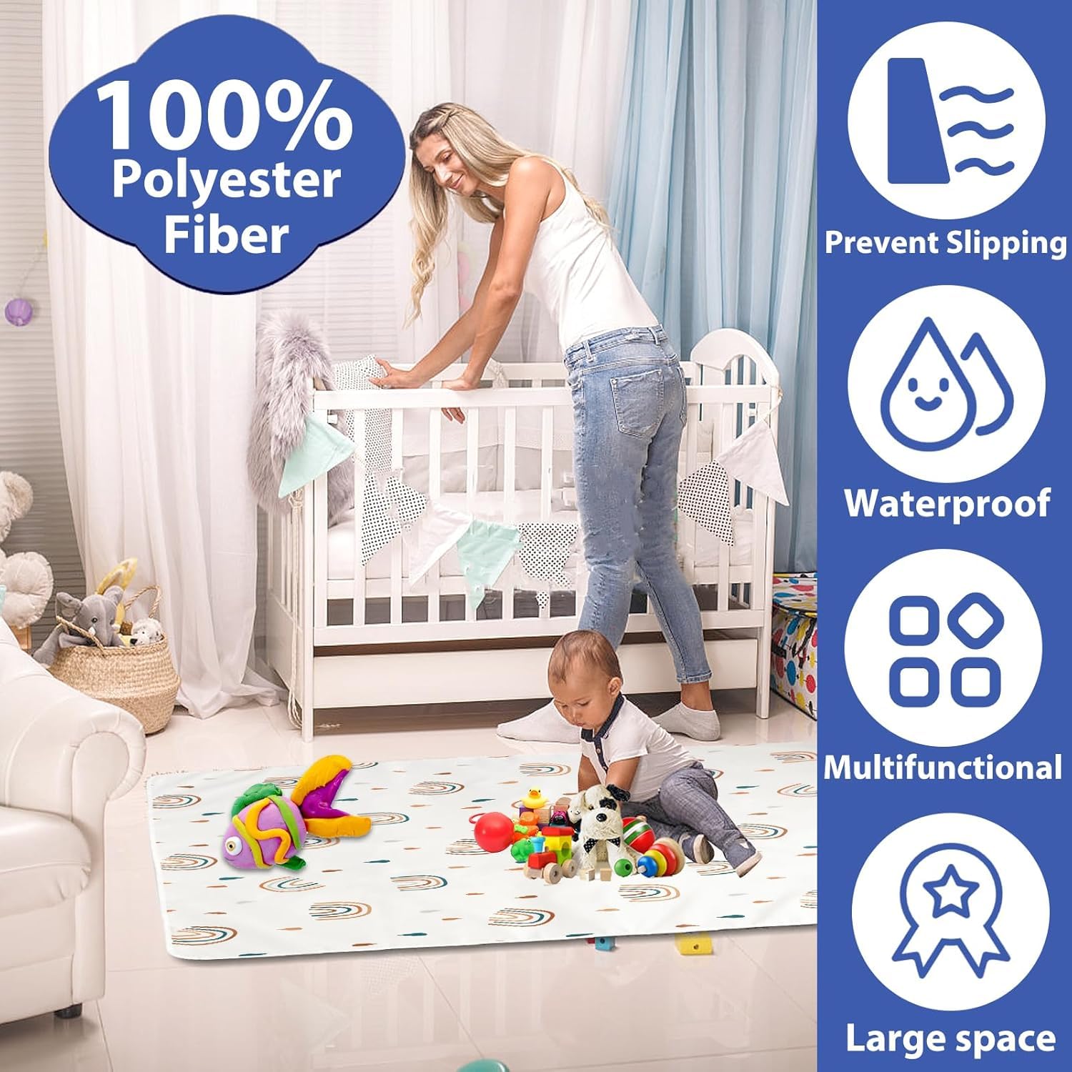 Tapis pour Chaise Haute Bébé 110 X 110 cm - Protection Sol Enfant Antidérapant Imperméable - Manger Jouer Extérieur Intérieur (Arc-en-Ciel)