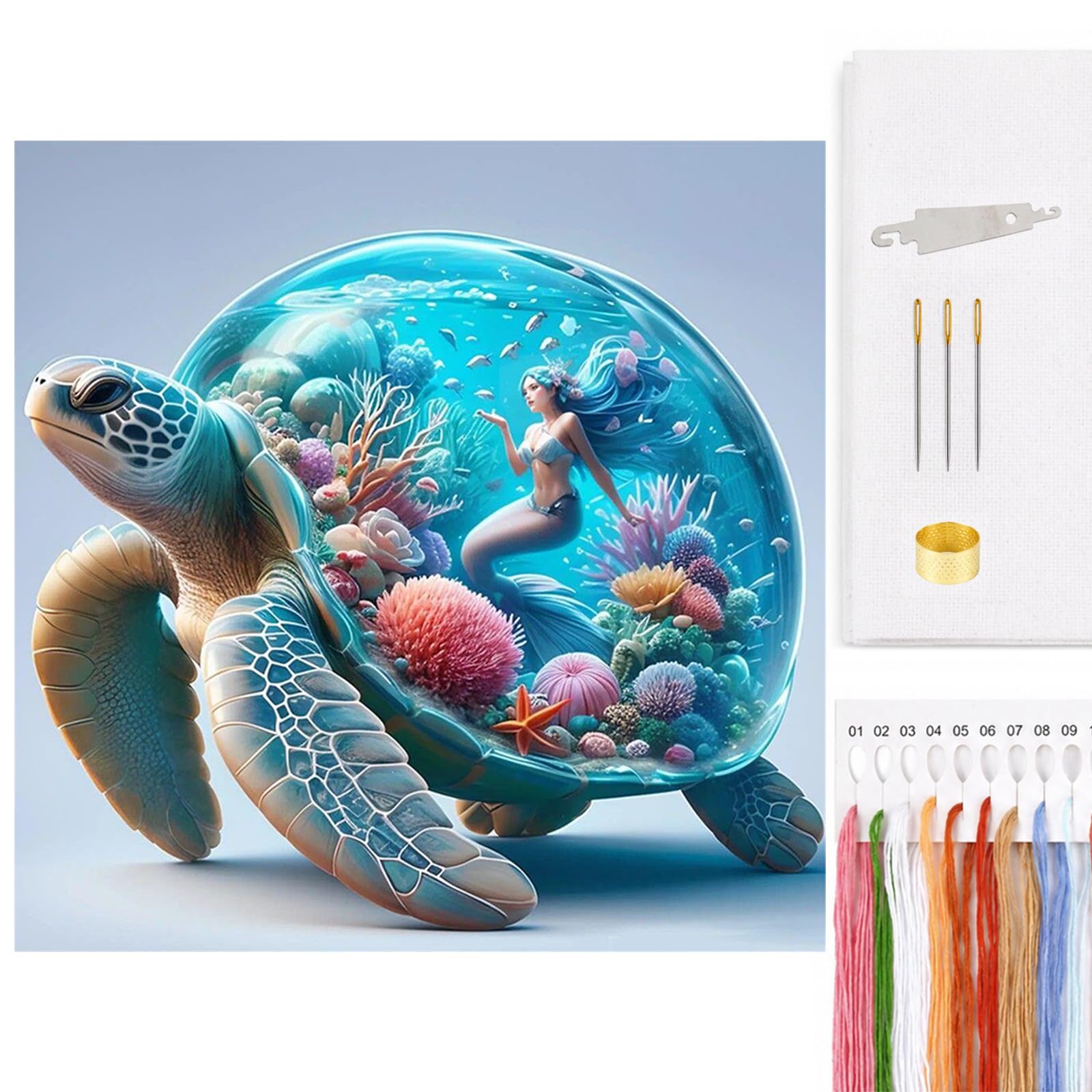 Poetrydraw Turtle Aquarium Cross Stitch Kit 11Ct 3 Strands Diy Embroidery Starter Set 17.71X17.71inch Arts & Crafts For Beginners
