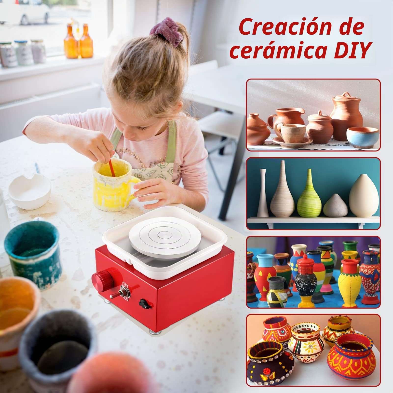 Torno Alfarero,Torno Ceramica 2000 RPM de Velocidad Ajustable,Torno de Alfarero con Placas de 10/6,5 cm,Kit Ceramica para Niños y Adultos（Rojo）