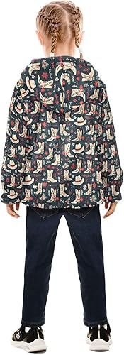 Aflyko Christmas Girls Fleece Coat Xmas Cowboy Hat Shoes Blue Zip-Up Hoodie Warm Outerwear Kids Hooded Jacket(3T)