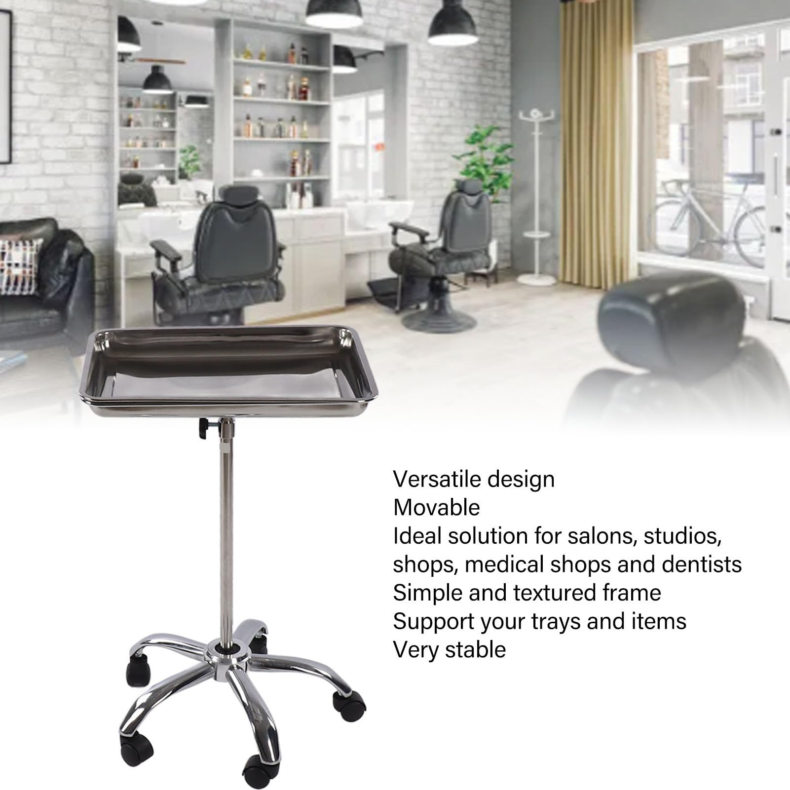 Medizinisches Tablett, Salontablett mit Rädern, Höhenverstellbar, Edelstahl, Glatte Oberfläche für Salons, Studios, Geschäfte, Zahnärzte
