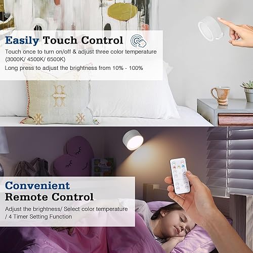 Miniatura 2 de Aplique de pared LED recargable con pilas, juego de 2 lámparas de pared regulables blancas con control remoto y control táctil, lámpara de pared
