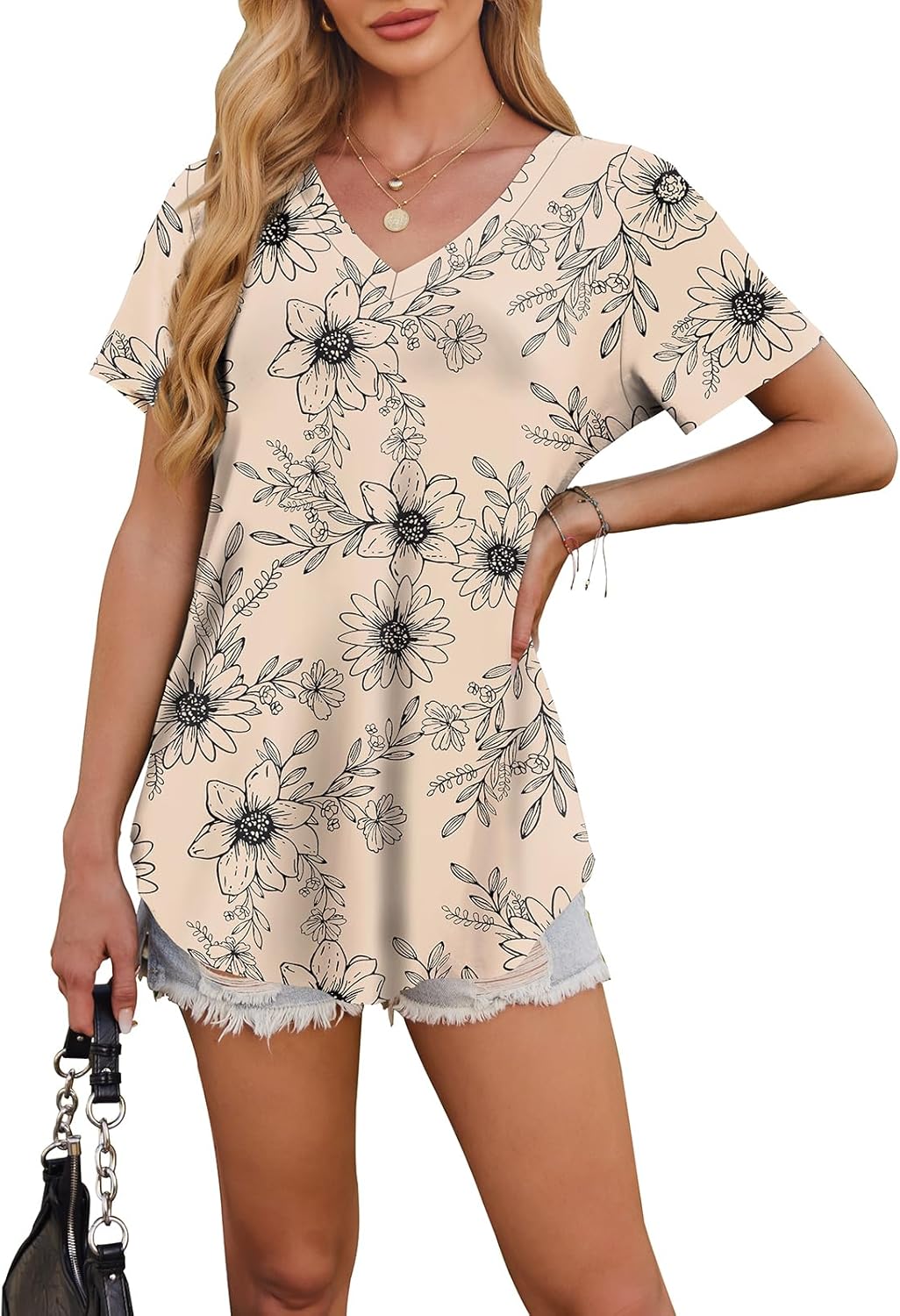 OFEEFAN Womens T Shirts V Neck Short Sleeve Casual Tops Loose Fit Basic Tees with Curved Hem - Image 4