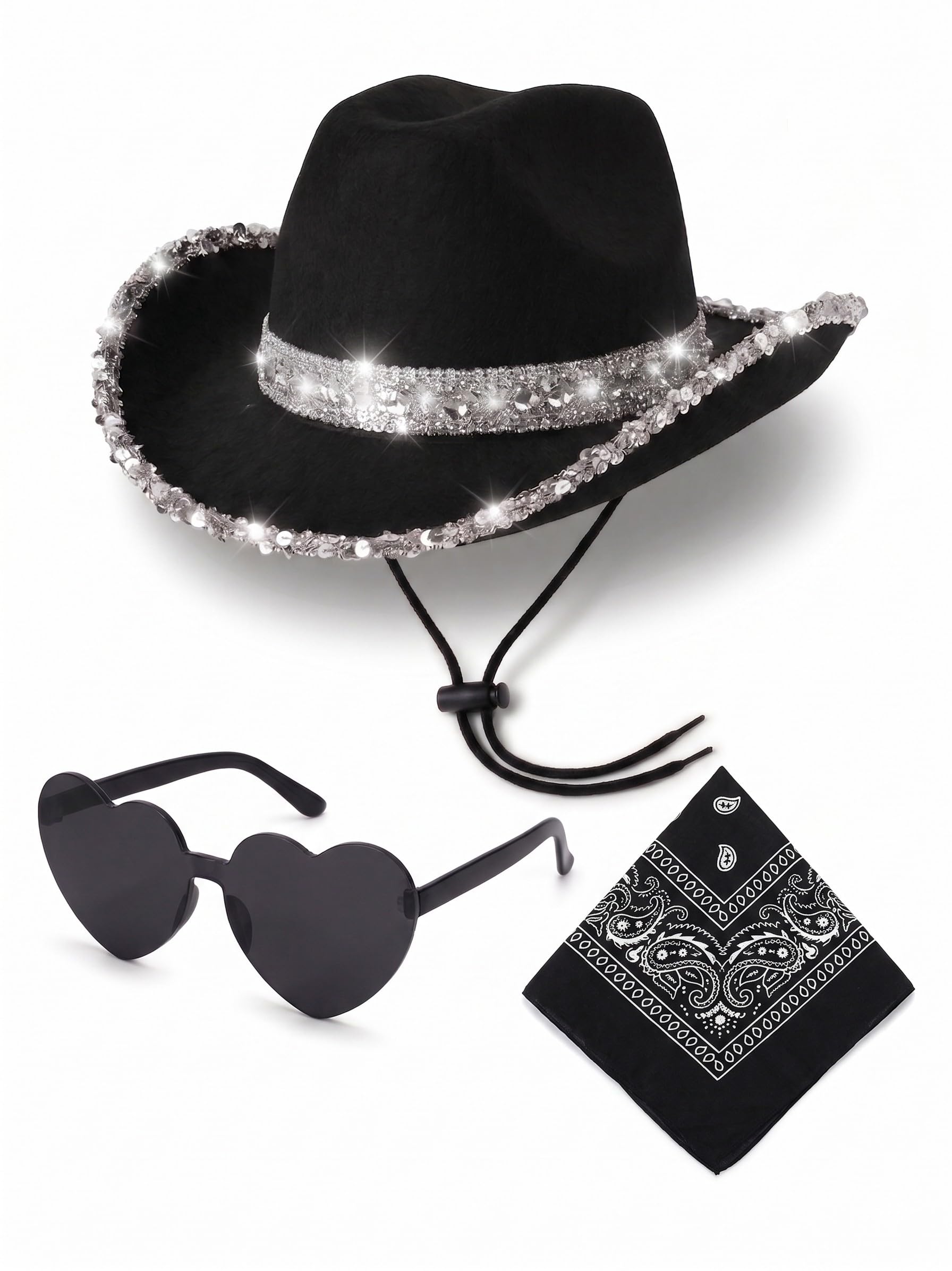 3pc Black Cowboy Hat and Bandana Set with Heart Shaped Glasses - Cowgirl Accessories for Women Country and Western Fancy Dress - Cowgirl Set with Sparkly Cowboy Hat with Bandana and Heart Glasses