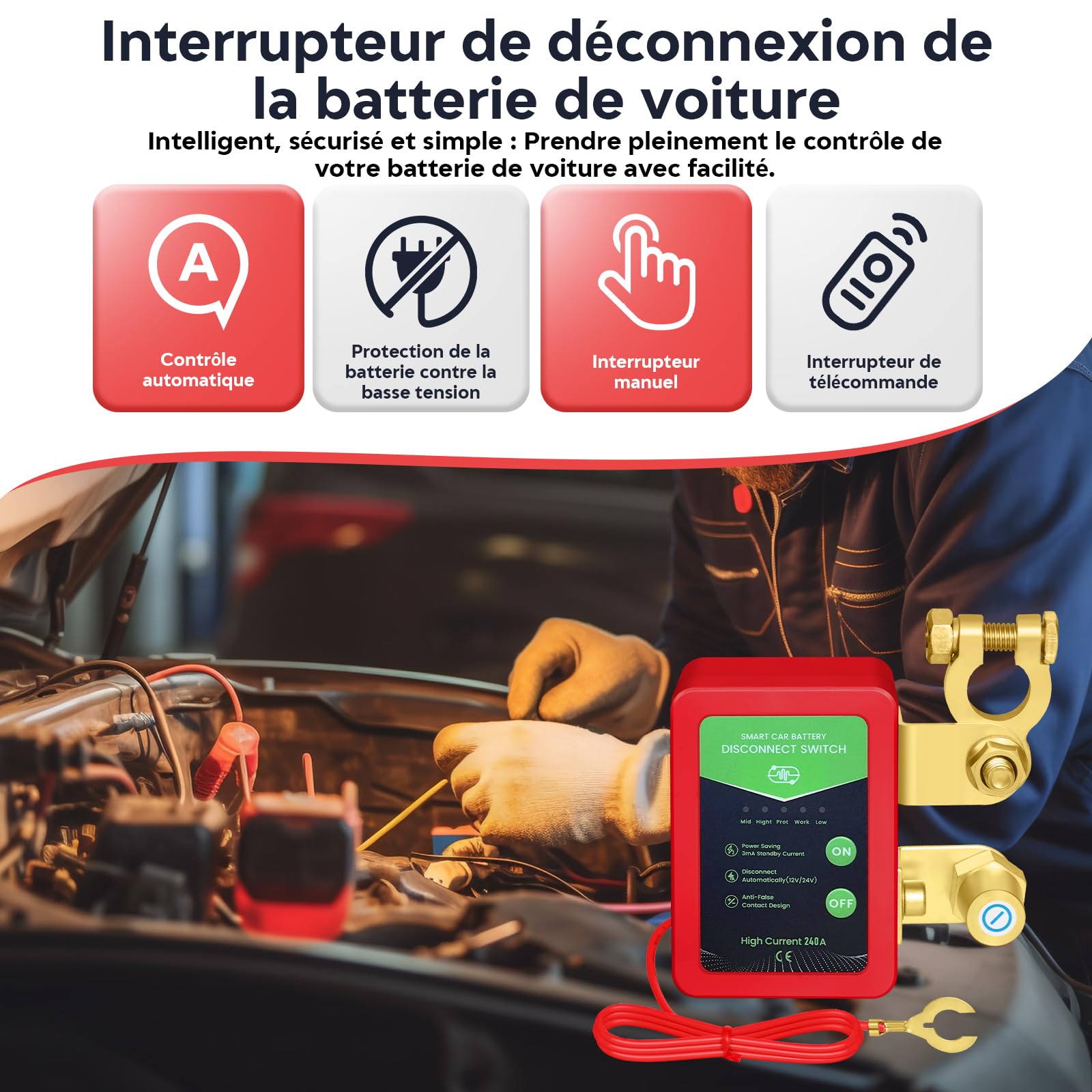 Coupe Batterie Télécommandé, 240 A pour Voiture 12V et Camping-Car | Arrêt à distance, arrêt basse tension 11,8V, 2 télécommandes, système 12 V, Protection batterie, voiture, bateau, camion, ATV