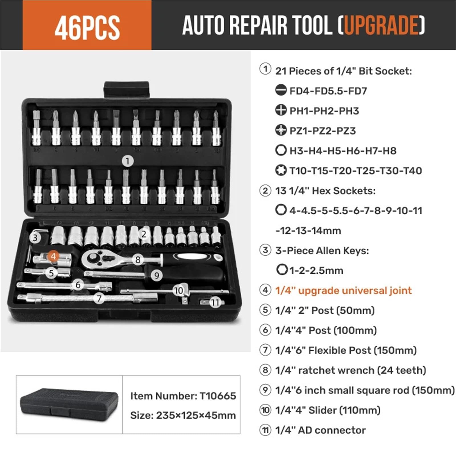 Juego de Llaves Tubo 46/22 Piezas con accionamiento 1/4" y 3/8", Kit Herramientas Profesional Acero Estuche Compacto Negro for reparación automóviles para Hogar o Garaje(46PCS)
