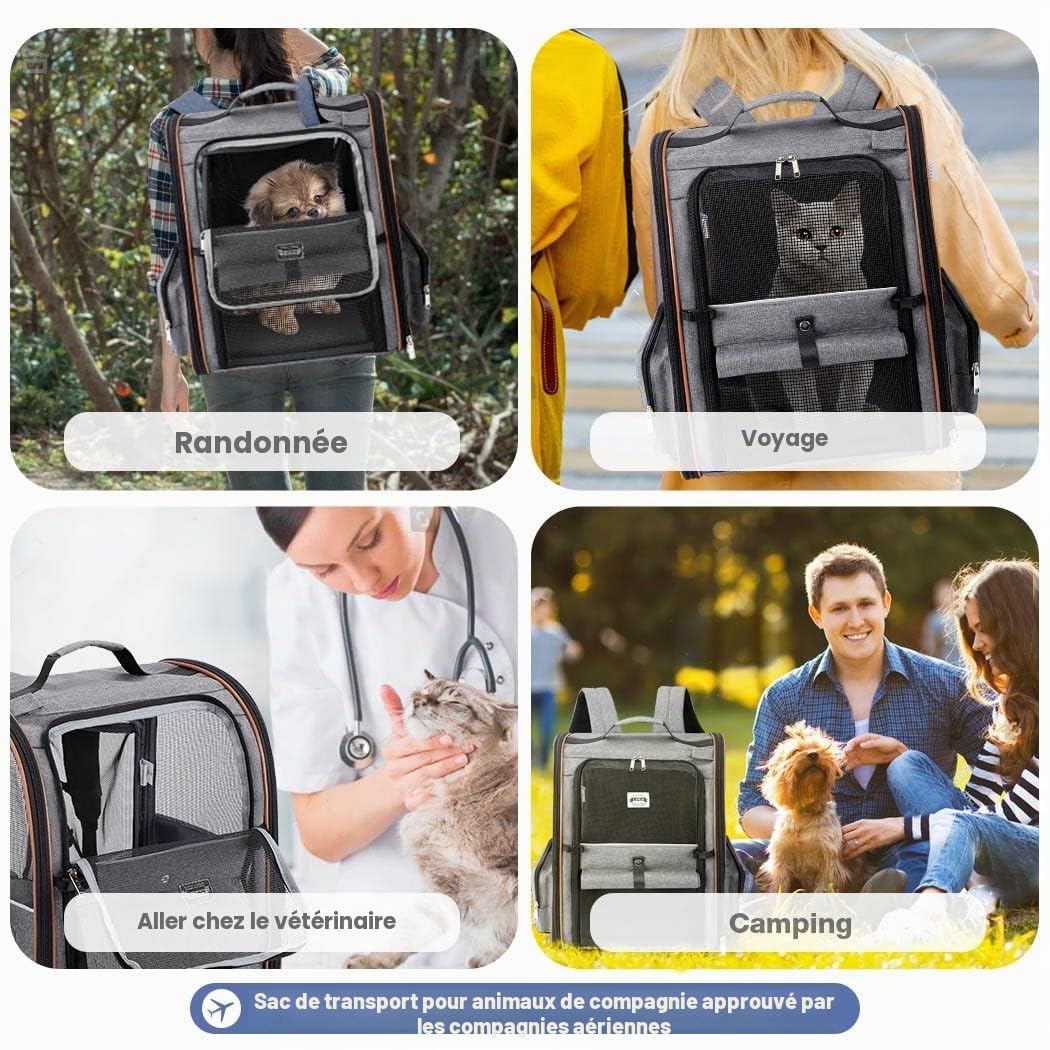 Sac Transport Chat avec 4 Entrées, pour Chien, Respirant - Sac a Dos avec Harnais Intérieur - Charge Maximale 8kg - Gris