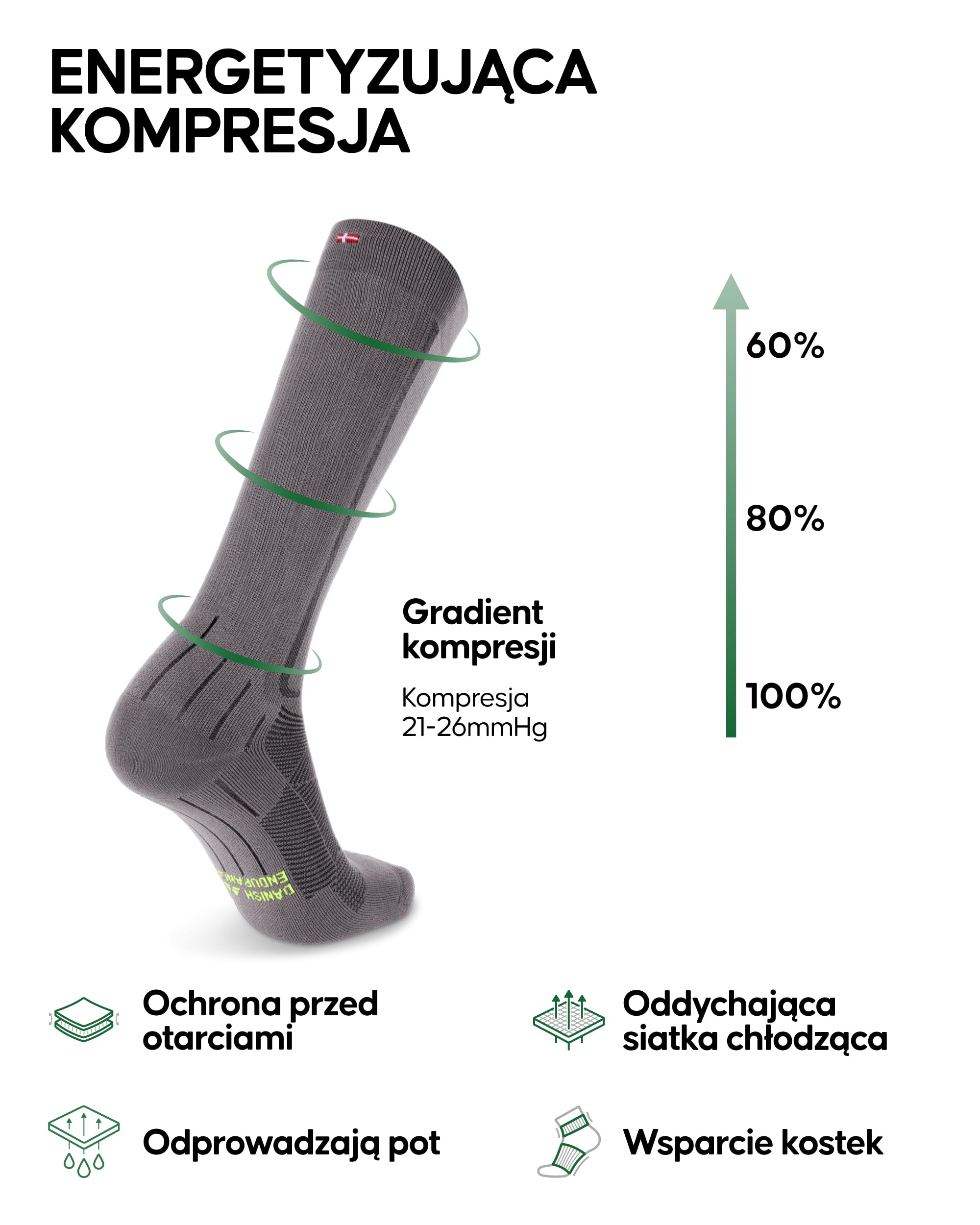 DANISH ENDURANCE Skarpety Kompresyjne, 2-Pak, Szary/Czarny 2-pack, 39-42 | Skarpety kompresyjne, stopniowany ucisk 21-26 mmHg, odprowadzają pot, dla biegania, podróży i regeneracji, Unisex