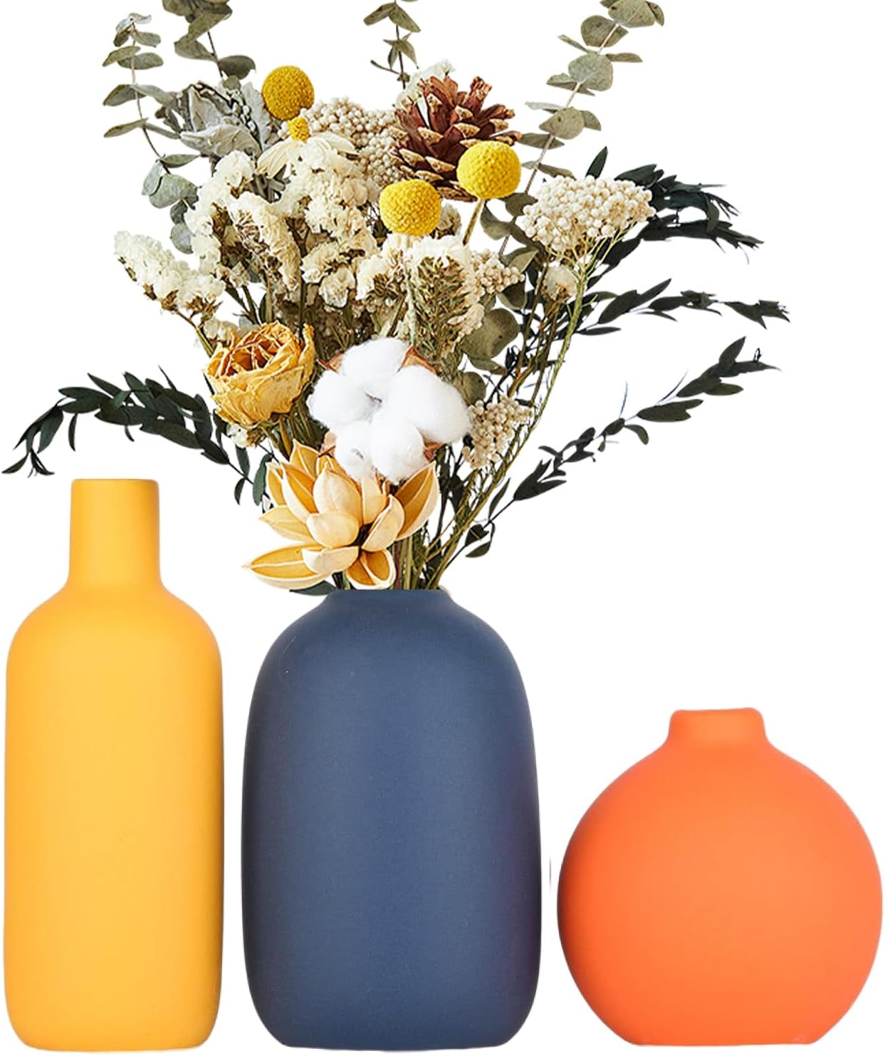 Ceramic Vase Set of 3, Minimalism Style for Rustic Home Decor, Yellow Orange Blue, Modern Farmhouse Living Room, Shelf, Table, Bookshelf, Mantel and Entryway Small Vases