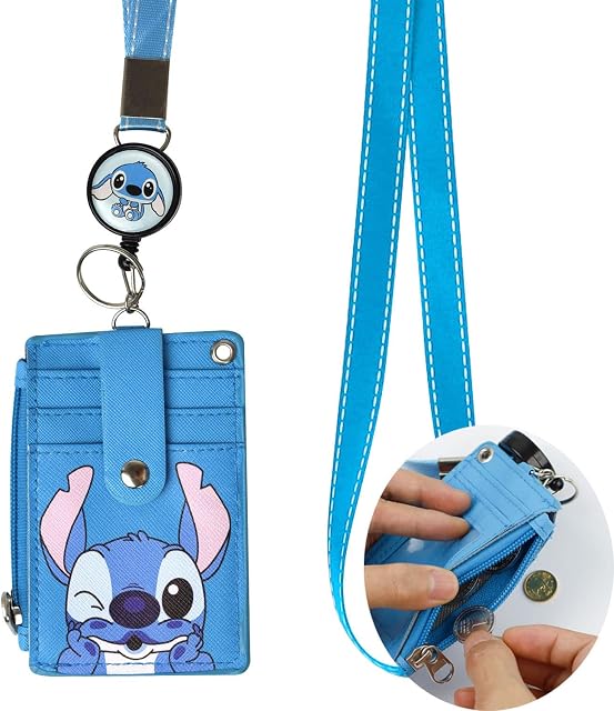 WJUAN PU Badge Holder with Lanyard, 5 Card Slots and 1 Zipper Pocket, Total Length 57 cm, Retractable ID Card Holder, Card Sleeve with Retractable Buckle, Blue Cute Cartoon Style