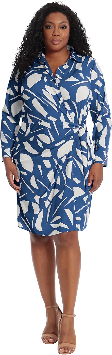 London Times Womens Geo Printed, Above The Knee Faux Wrap Dress with Tie and Collar - Image 5