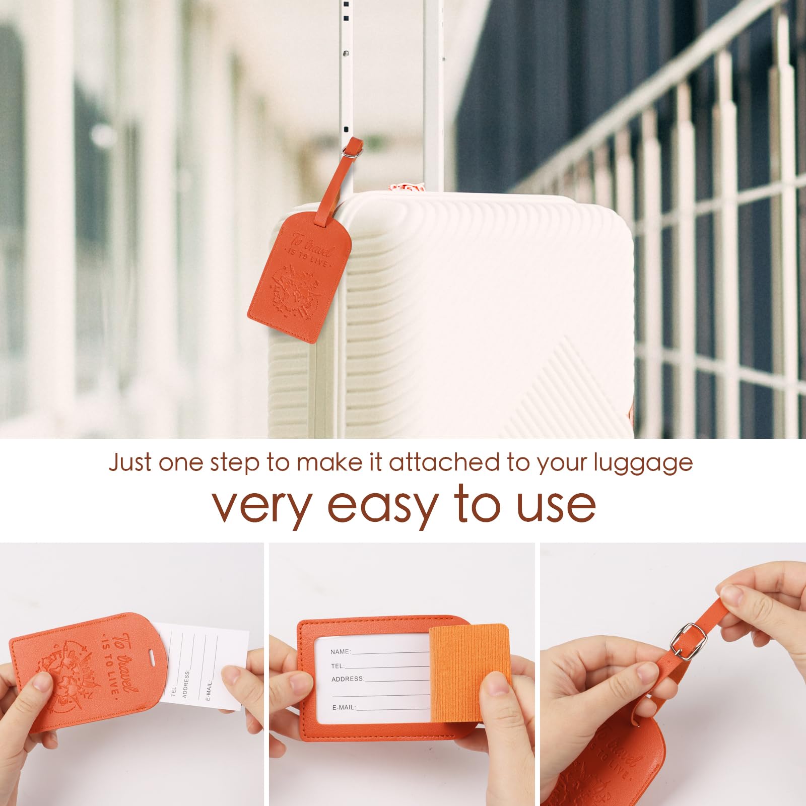 2 Etichette Valigie In PU Con Scritta 'To Travel Is To Live' - Targhette Bagaglio Aereo Con Scheda Nome - Foto 4