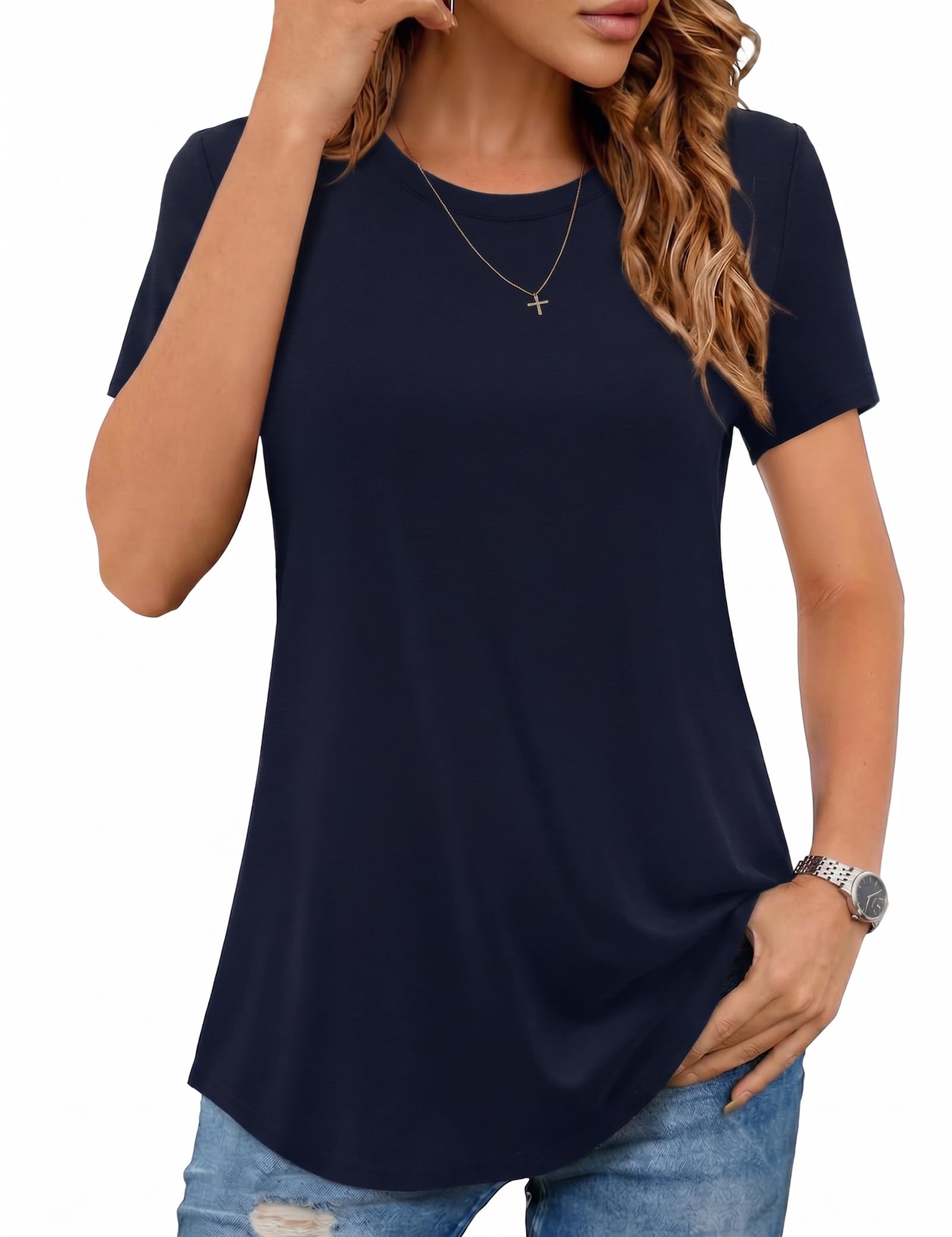 Aottori T-Shirt Damen Rundhals Sommer Oberteile Tshirt Kurzarm Basic Tops Elegant Locker Tee Shirts Einfarbig