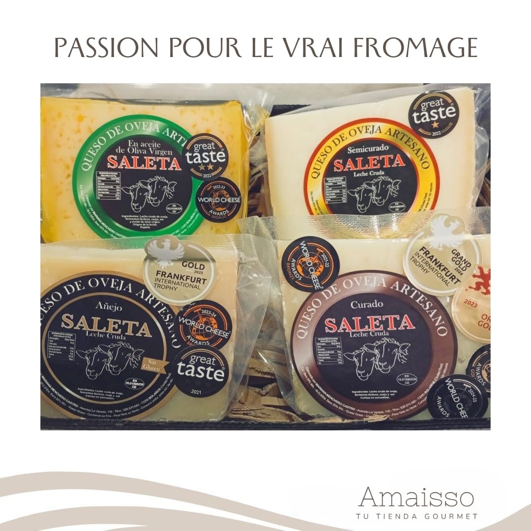 Coffret Cadeau Premium Fromage Manchego Espagnol | Fromage de brebis | Plateau de Fromages | 4 variétés: affinés, semi-affinés ou à l'huile d'olive vierge extra | "Pack le plus Récompensé 1 Kg"