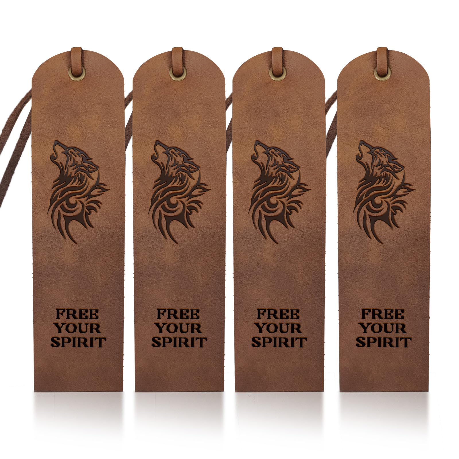 MAYJOYDIY 4pcs Wolf Totem Leather Bookmark Forest Wild Animal Leather Page Markers 5×18cm Free Your Spirit Text Handmade Vintage Book Mark for Book Reading Bookworms Writers Man Women Gifts