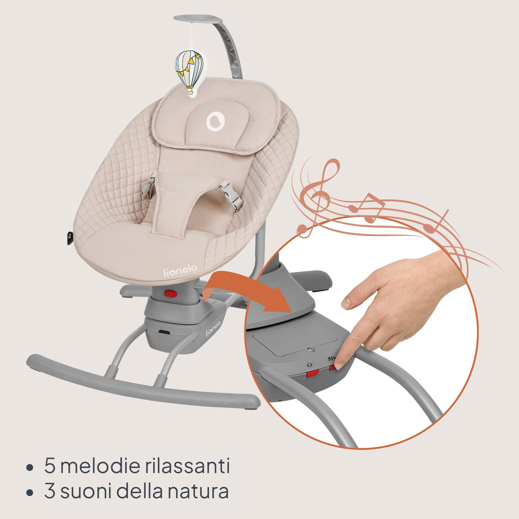 LIONELO RIO Dondolo elettrico per bambini, Schienale regolabile, dondolo a 3 velocità, cinture di sicurezza con cuscino Melodie e suoni della natura Archetto con giocattolo Leggero, fino a 9 kg