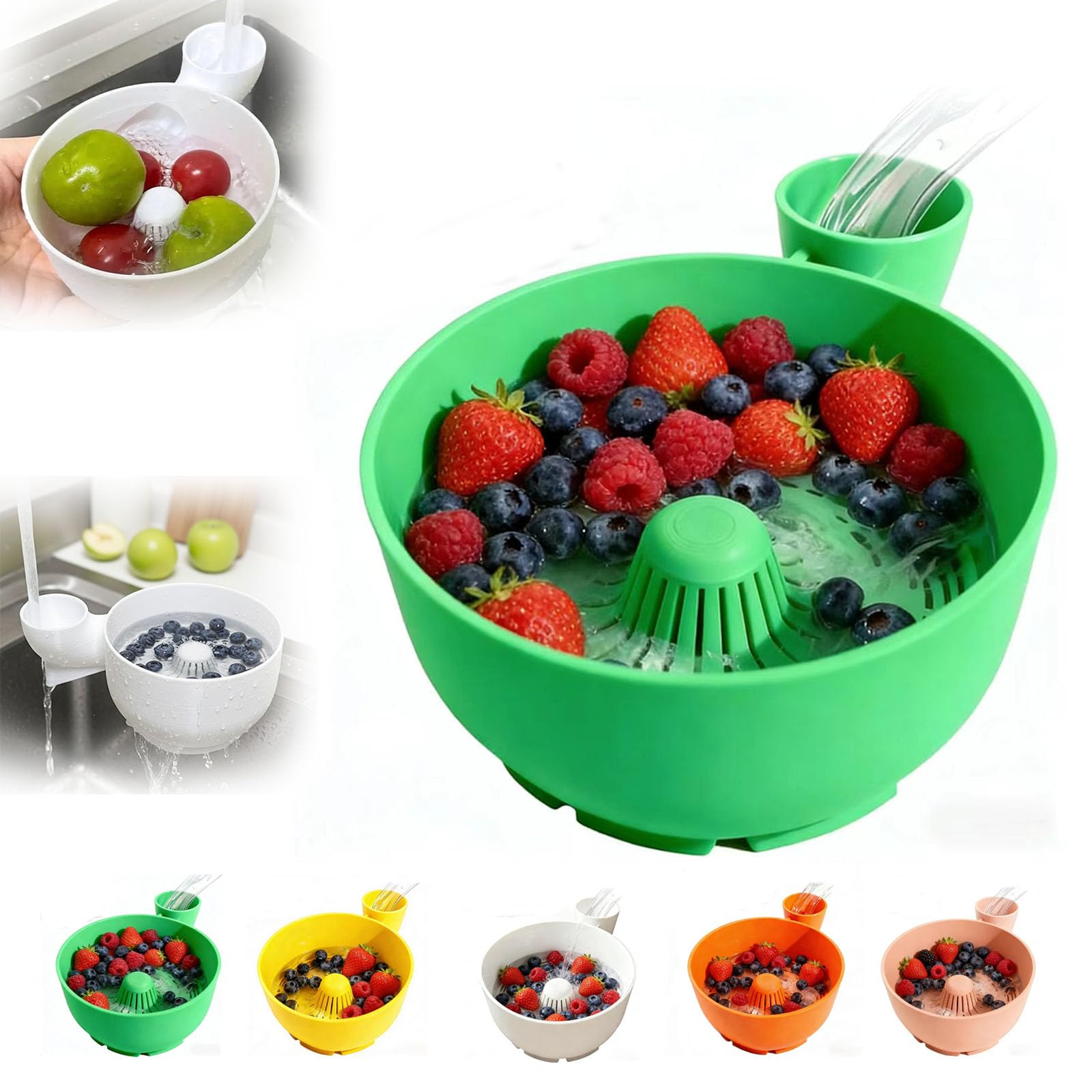3D-Printed Hydro Bowl,Multifunctional Fruit &Vegetable Washing Bowl, Automatic Fruit Washer Spinner Bowls, Purpose Rinse Drain Basket for Kitchen Sink,Portable Fruits Cleaner Tool (Gree, Large)