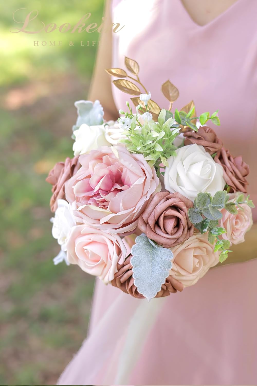 Lookein 7 Inch Flower Bouquet for Bride Artificial Flowers Bouquet Bridesmaid Bouquet Bridal Bouquet Tossing Bouquet for Wedding Ceremony Anniversary, French Dusty Rose