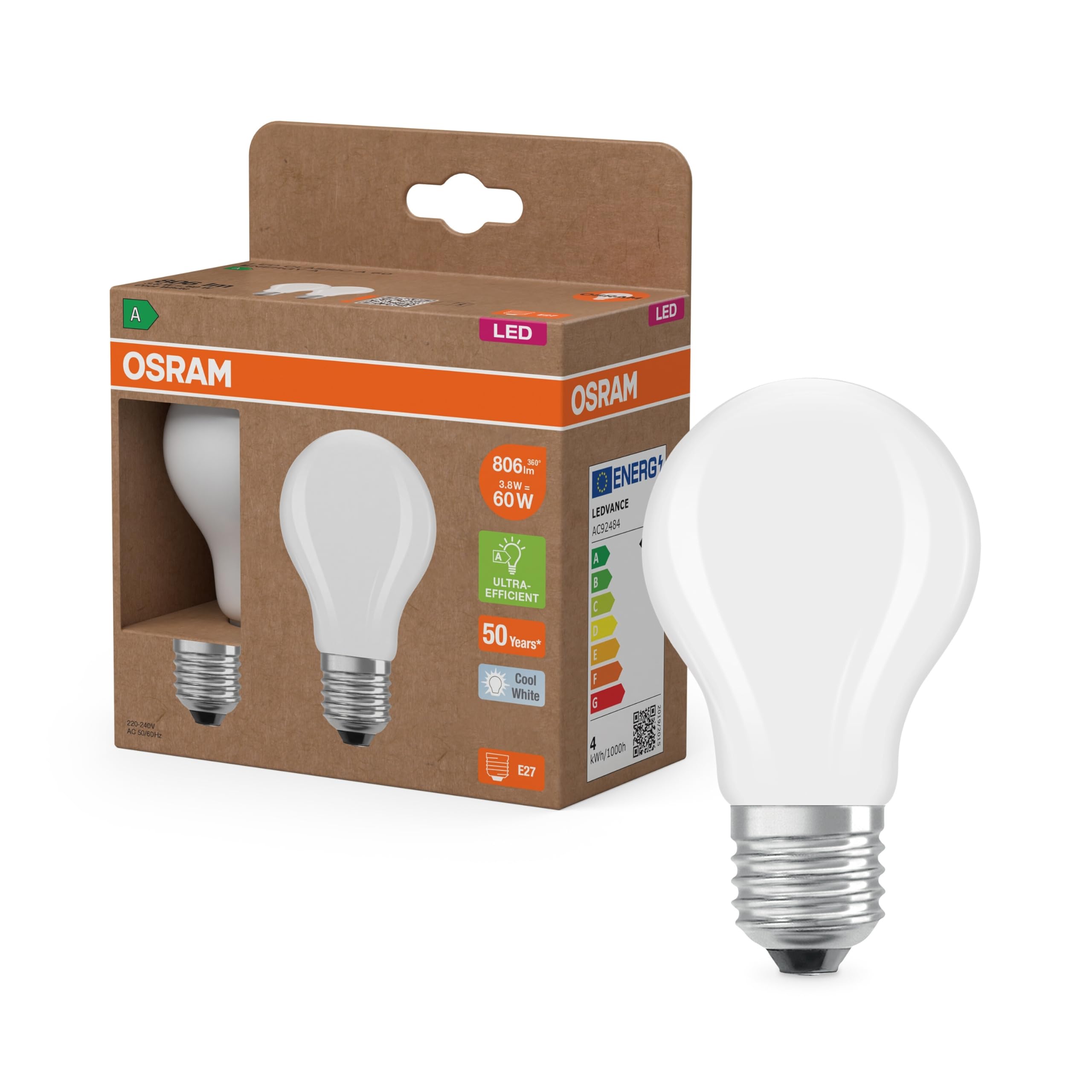 OSRAM Energy Class Classic Bulb, 3.8 W/806 lm, EEK A, Cool White Light (4000 K), CRI 80, Lead-Free Frosted Glass, E27 Base, IP20, Diameter 60 mm.