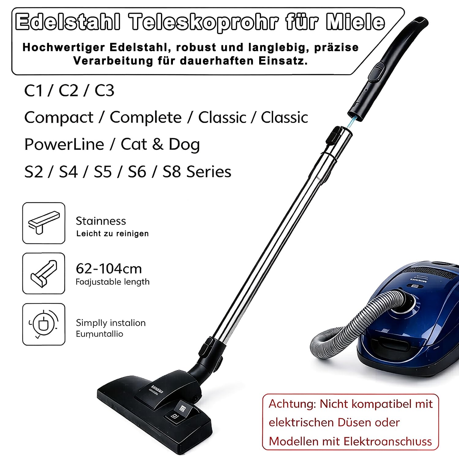 Varita telescópica de 35 mm para aspiradora Miele C2 C3 S4 S5 S6 S8 piezas de repuesto hasta 96 cm | Tubo extensible de acero inoxidable para aspiradoras Miele S2110, S6240, S8320 con mango y conector de cabezal de suelo
