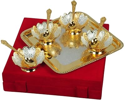 JAIPUR ACE Brass Floral Curved Dish   with Tray - 400ml, Set of 9, Gold
