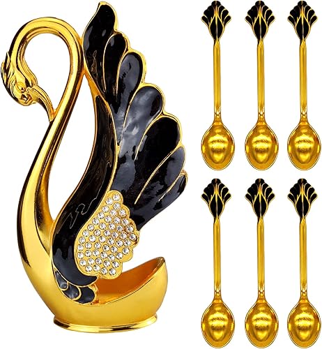 Soporte base de cisne con 6 cucharas de café y postre, organizador de cucharas de café de metal, cucharadita, frutas, postre, azúcar, helado,