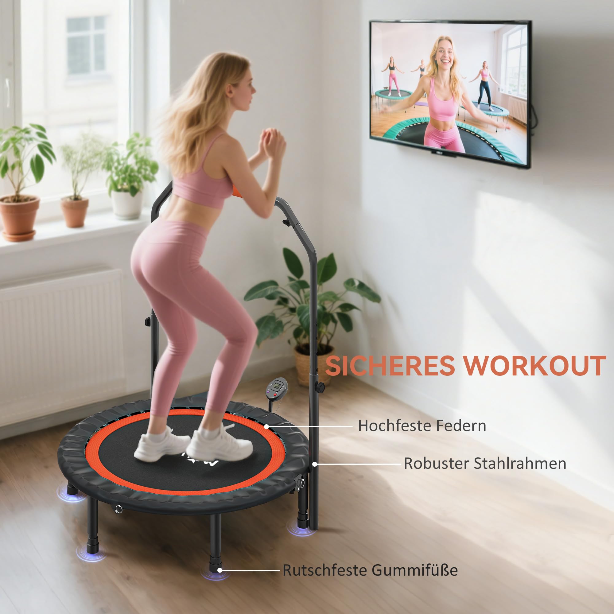 SPORTNOW 102 cm Fitness-Trampolin mit LCD-Monitor, Faltbar Mini-Trampolin für Erwachsene, Fitness-Rebounder mit 4-Fach Höhenverstellbarer Haltegriff, bis 150 kg