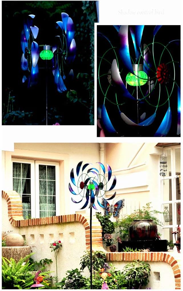 Outdoor Garden Wrought Iron Solar Double Sided Windmill with Solar Decorative Lights Colourful Wind Leaves Multicoloured LED Lighting Windmill for Patio Lawn Garden