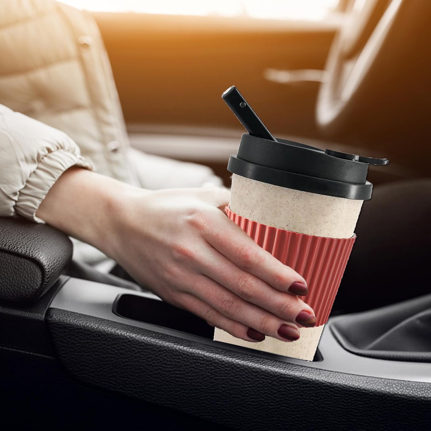 Portable Coffee Cup with Ceramic Bowl & High-Temperature Silicone, Fashion Design For Gatherings (Pink2) image 5