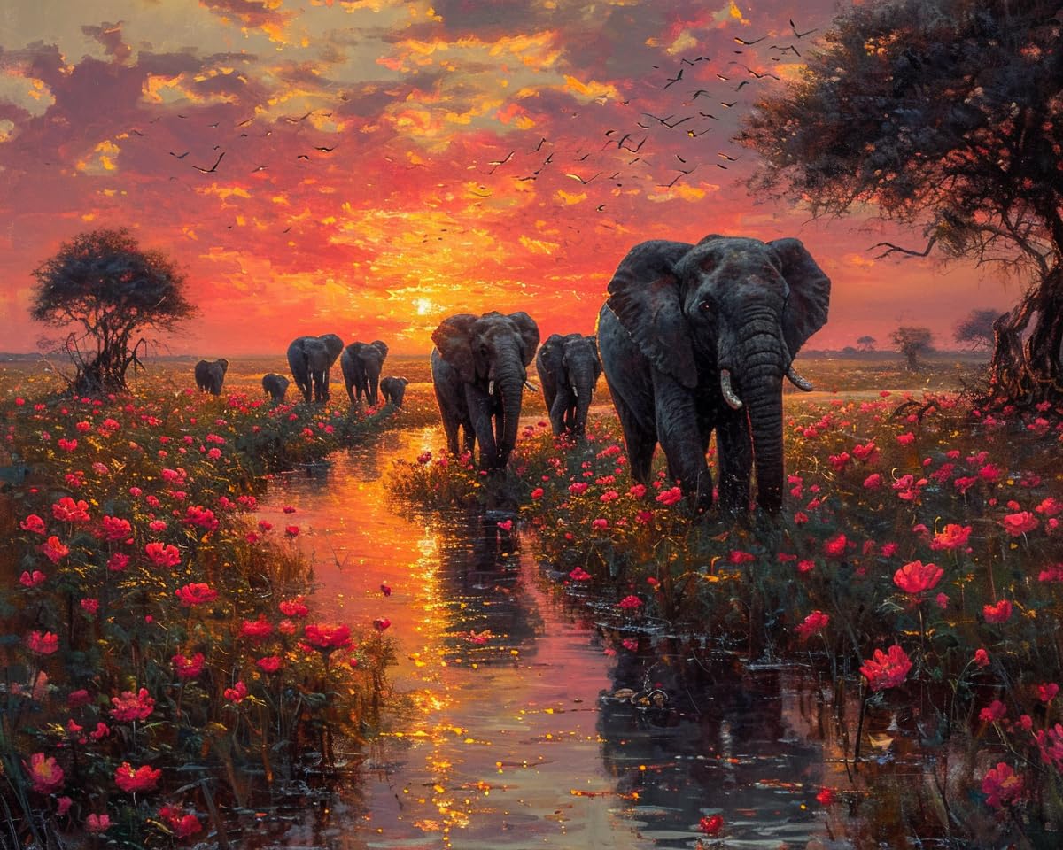 Stamped Cross Stitch Kits, Elephants Marching in Savannah Sunset, Needlepoint Counted Cross Kits for Beginners, Embroidery Kits Arts Home Decor(11CT No Frame,16x20 inch), Fine