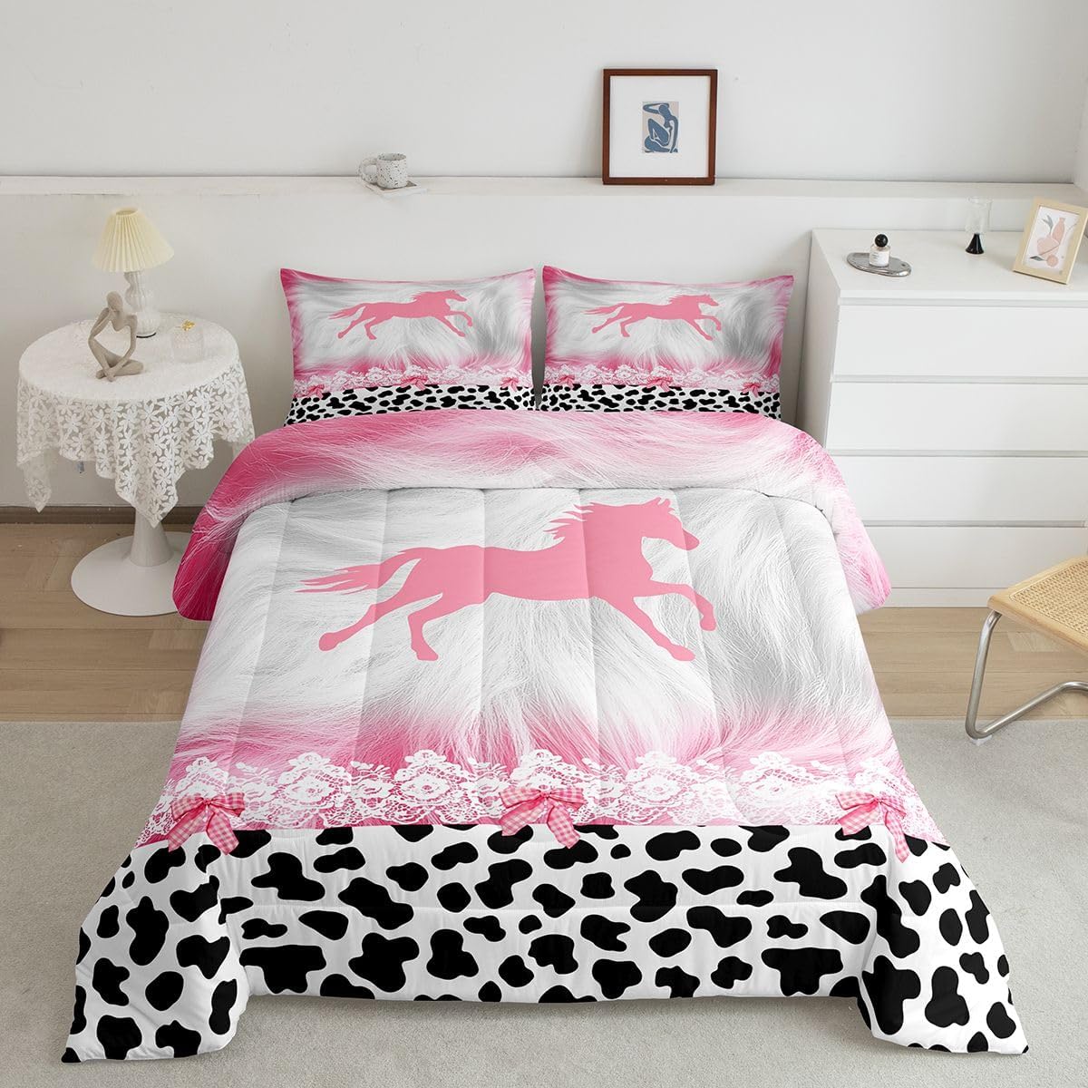 Feelyou Pink Cow Girl Comforter Set Western Horse Decor Comforter for Kids Teens Pink White Cow Fur Bedding Set Cowhide Pink White Duvet Set Room Decor Quilt Full Size Boys
