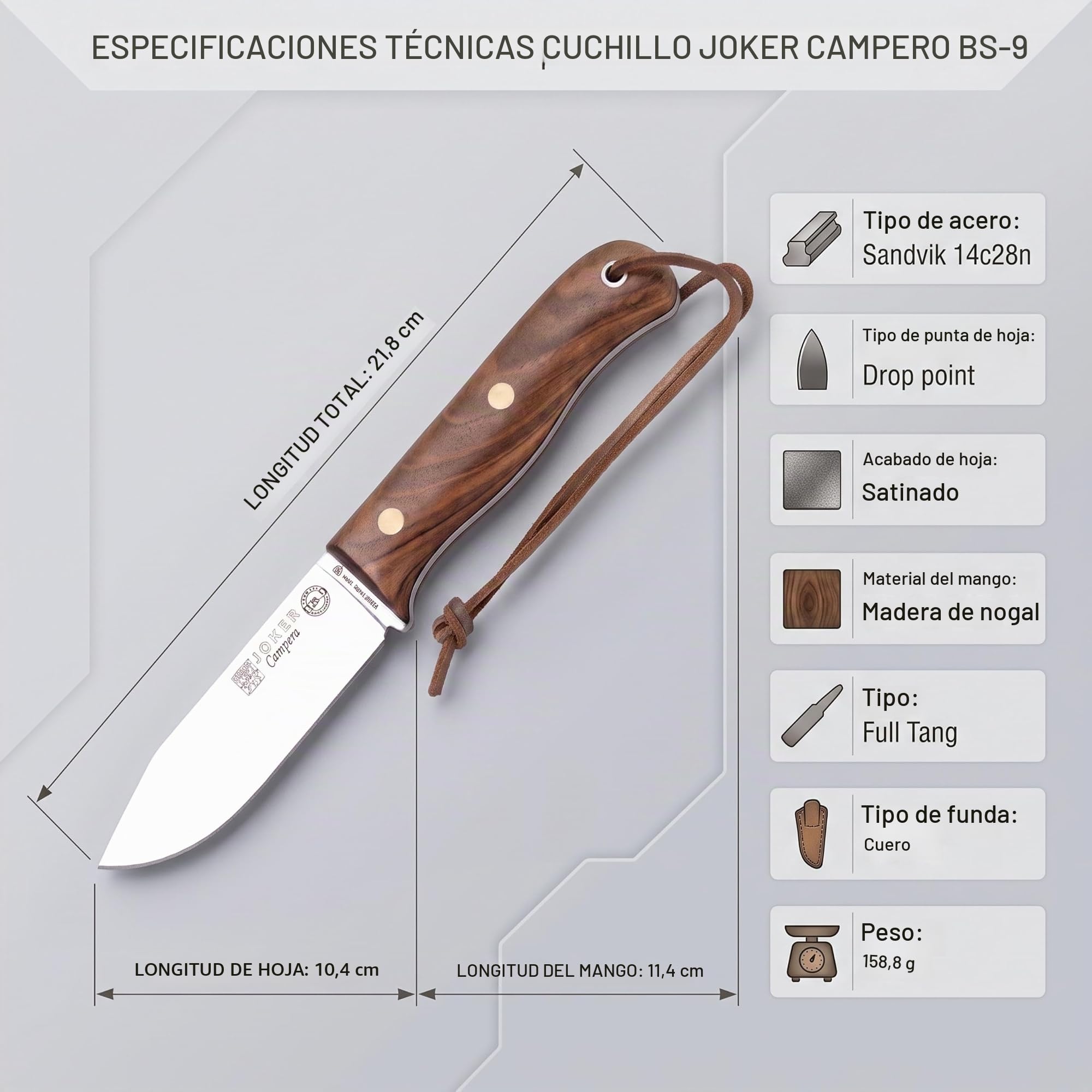 Joker Cuchillo de caza BS9 Campero CN112, mango de Madera de Nogal, deportivo, hoja de 10,5 cm acero, con funda de cuero marrón, Herramienta de pesca, caza, camping y senderismo