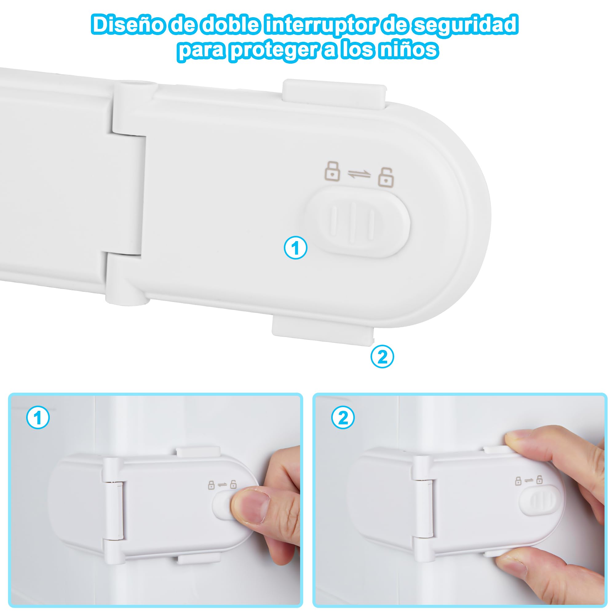 REDTRON Cerraduras de seguridad para niños con doble interruptor de seguridad (4 paquetes, blanco), Cerraduras seguras para bebés no tóxicas para armarios, Fácil instalación con adhesivo 3M