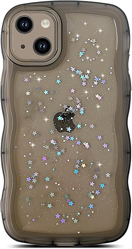 Qokey para iPhone 14 Plus Funda de 6.7" con diseño de borde ondulado rizado, transparente, con purpurina, brillo, estrellas, brillante, lindo,