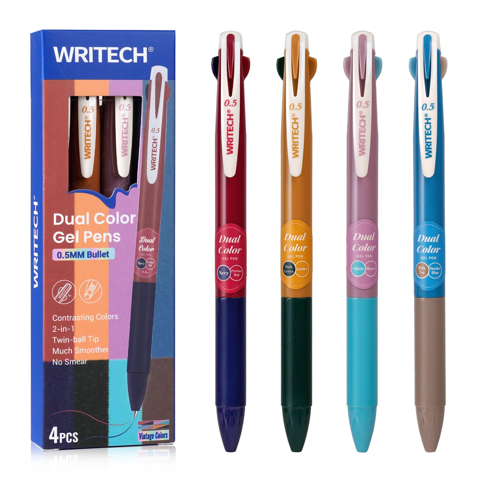 WRITECHRetractable Gel Ink Pens: Multi Colored 0.5mm Fine Point 2 in 1 Colorful Click Pen Assorted Color 4ct No Smear & Bleed for Smooth Writing Journaling Drawing Notetaking