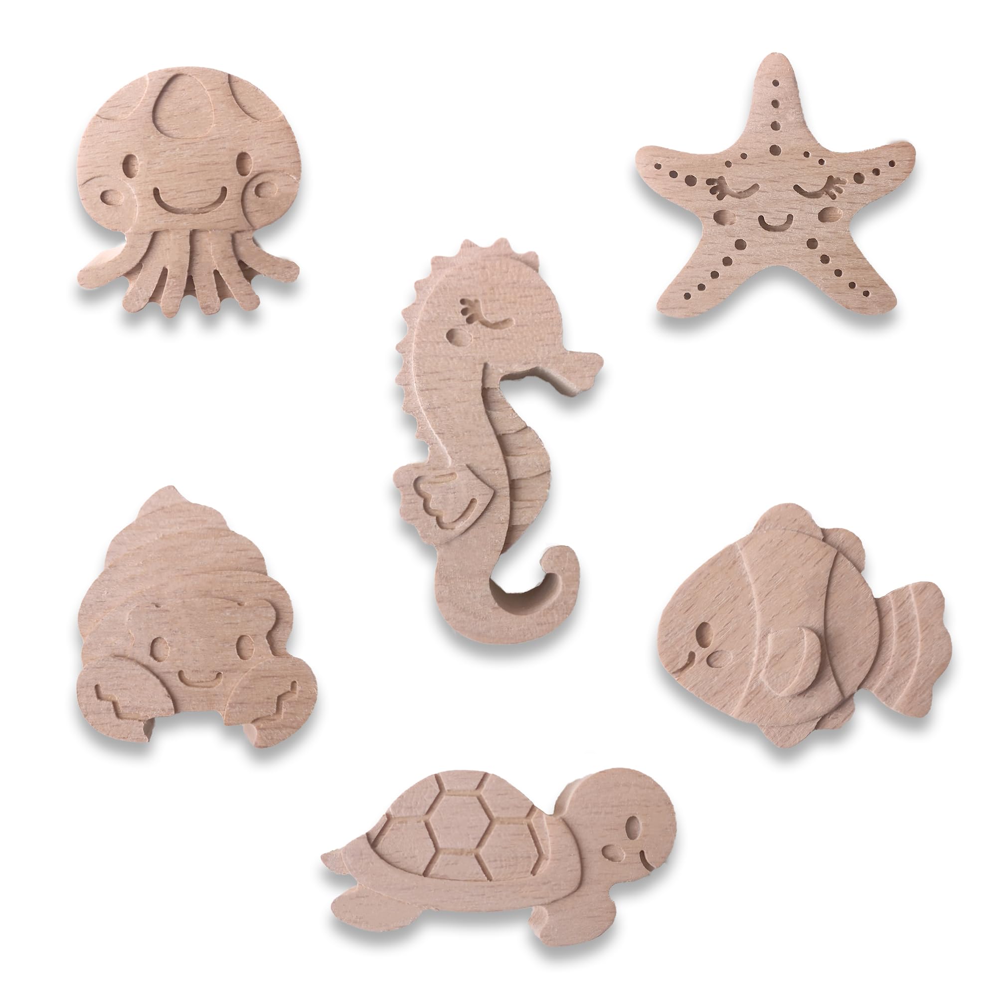 Pomelli per camerette Coffelli (animali marini, confezione da 6) pomelli in legno per cassettiere o guardaroba per bambini, in legno di faggio