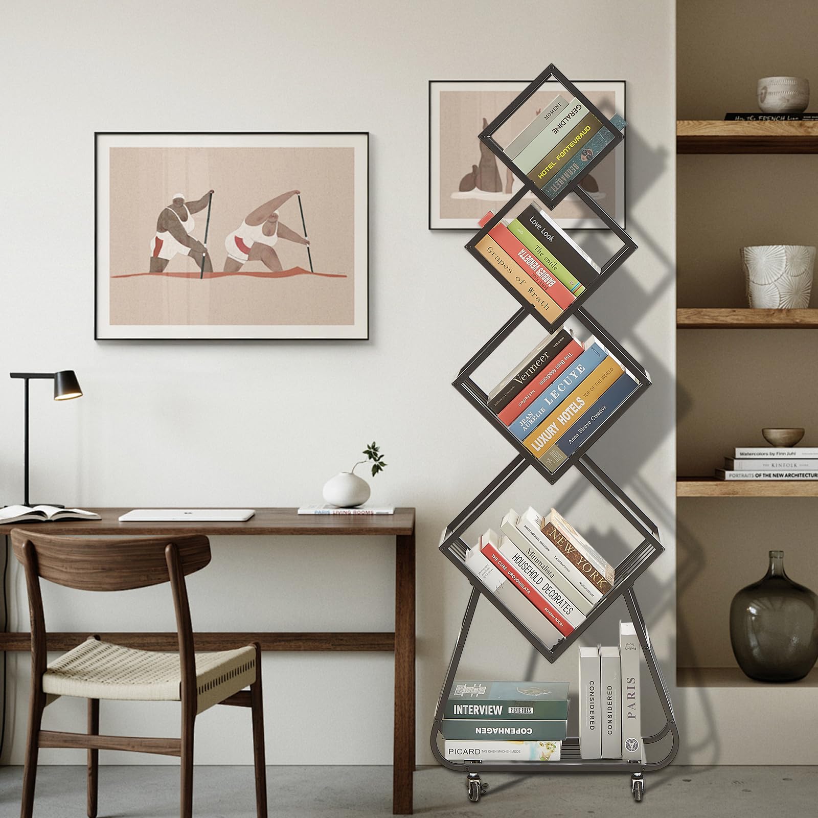 Flyerständer, Prospektständer mit 5 Ebenen, Metall Regal Platzsparend, Prospekthalter Mit Rollen, Metallregal Schwarz Für Büros und Messen, 54 x 22 x 153 cm (Black)