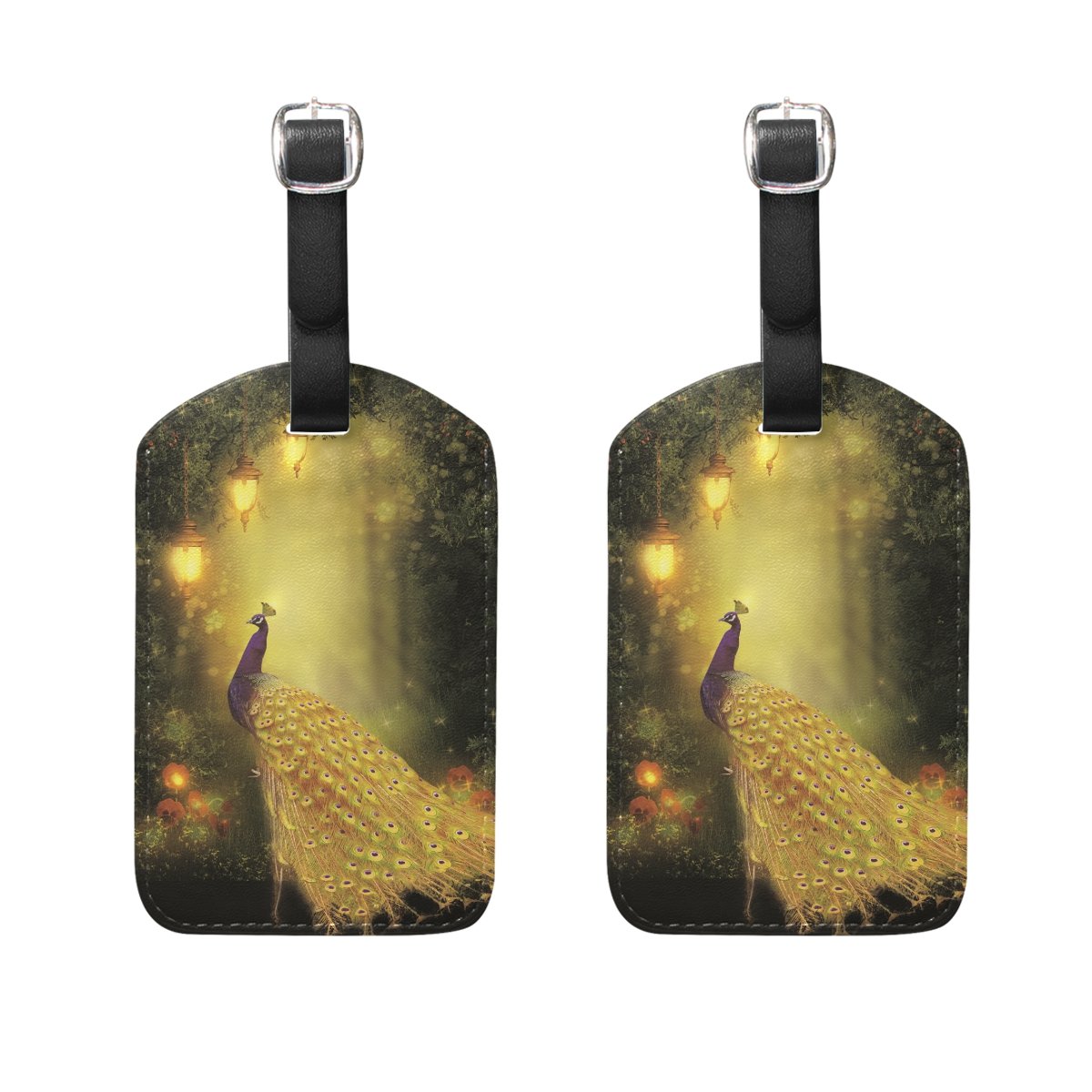 Peacock In Forest Under Golden Street Lamp PU Leather Labels Tag Luggage Tags Bag Tag for Baggage Suitcase, 2 Pieces
