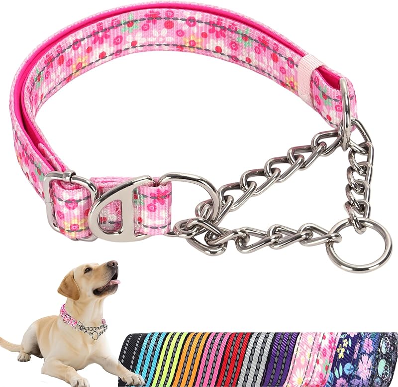 Coleira Martingale Rosa com Corrente Metálica para Cães ONEFOJOJO D-HJ66