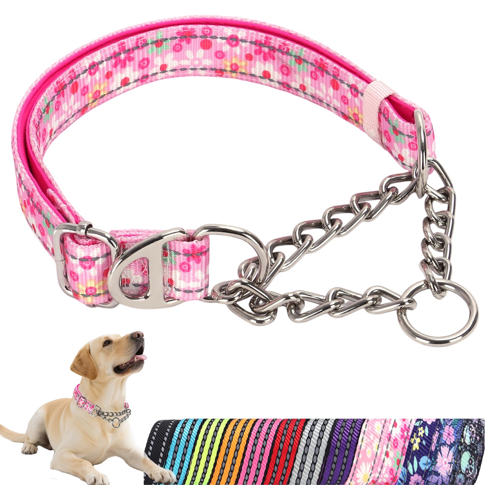 Martingale Collar for Extra Large Dog with Chain，Reflective & Padded Comfortable & Safe No-Pull Dog Collar for Training & Walks（Pink XL