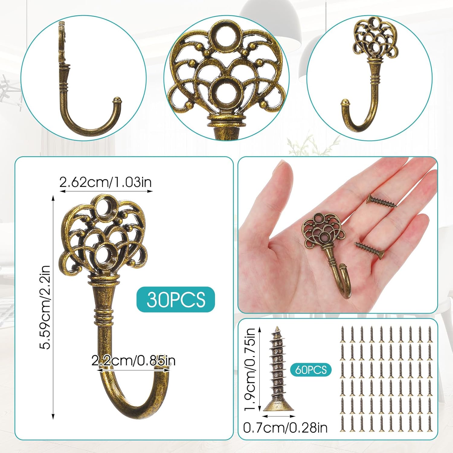 30 PCS Vintage Wall Hooks - Decorative Wall Hooks Vintage Style with Antique Bronze Finish, Metal Coat Hangers with Screws for Home Organization and Rustic Decor - Image 2