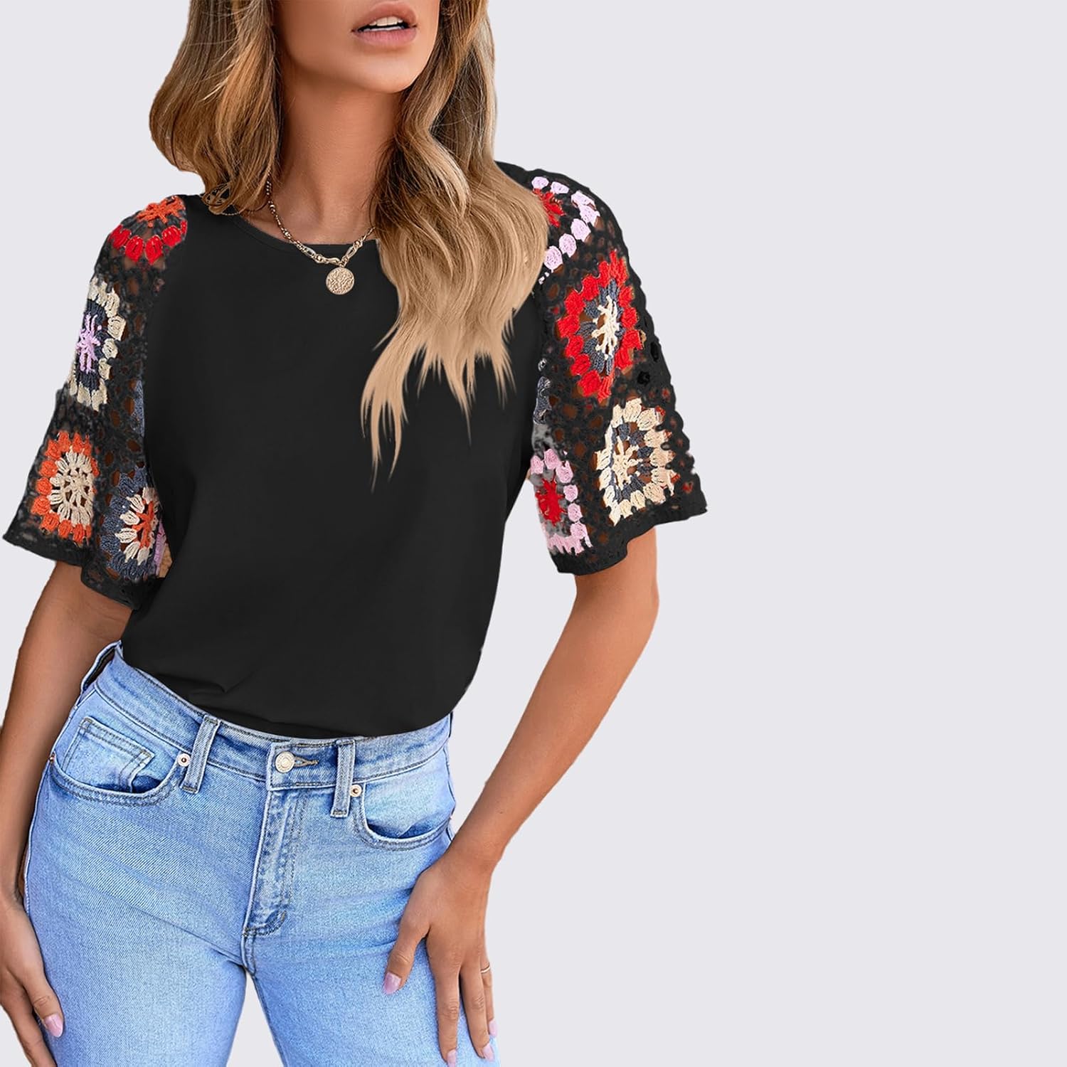 Chvity Crochet Shirts for Women Crewneck Shirt Floral Short Sleeve Casual Pullover Blouse Summer Tops - Image 3