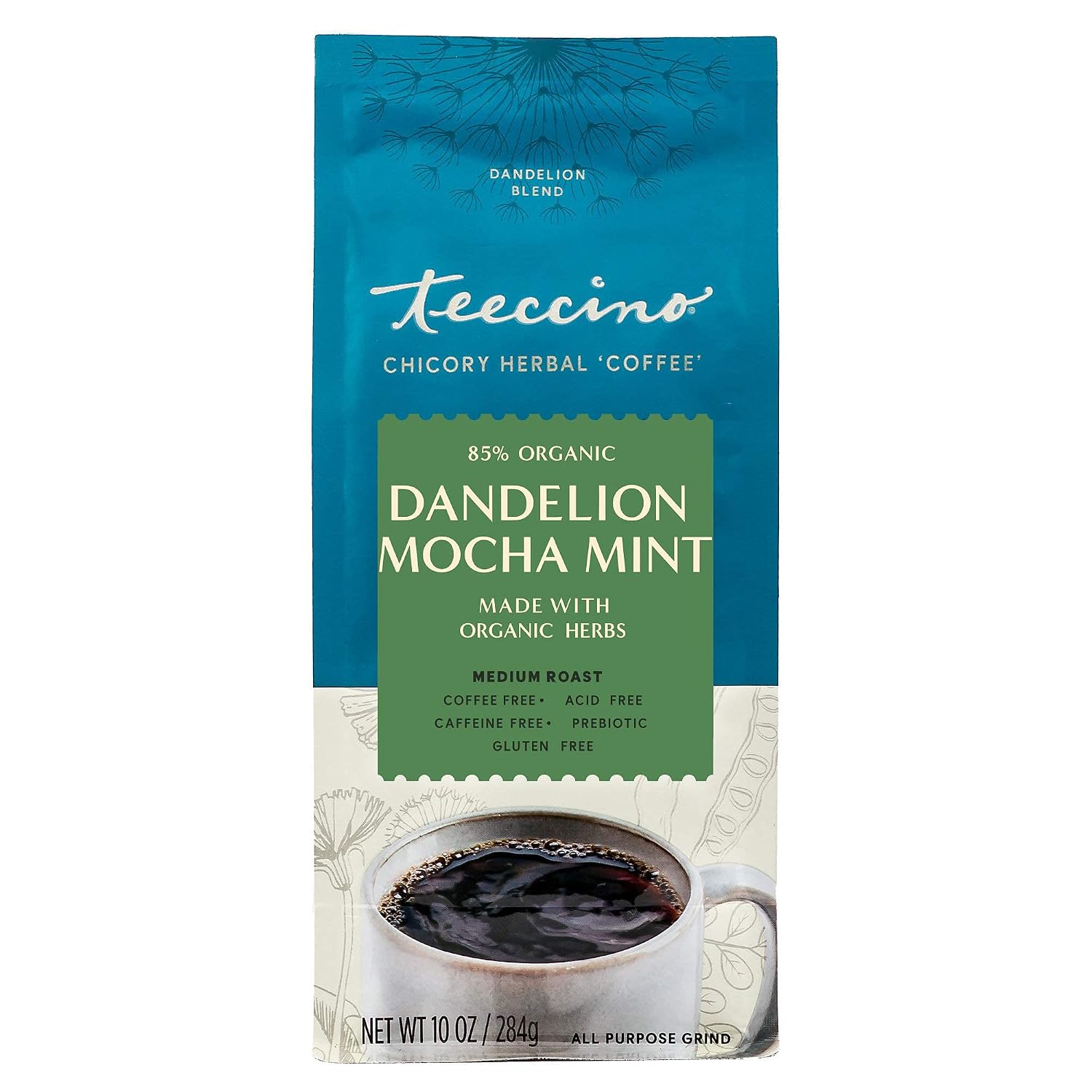 Teeccino Dandelion Root Herbal Coffee - Mocha Mint - Caffeine-Free Coffee Alternative with Prebiotics, Gluten Free, Acid Free - Medium Roast, 10 oz