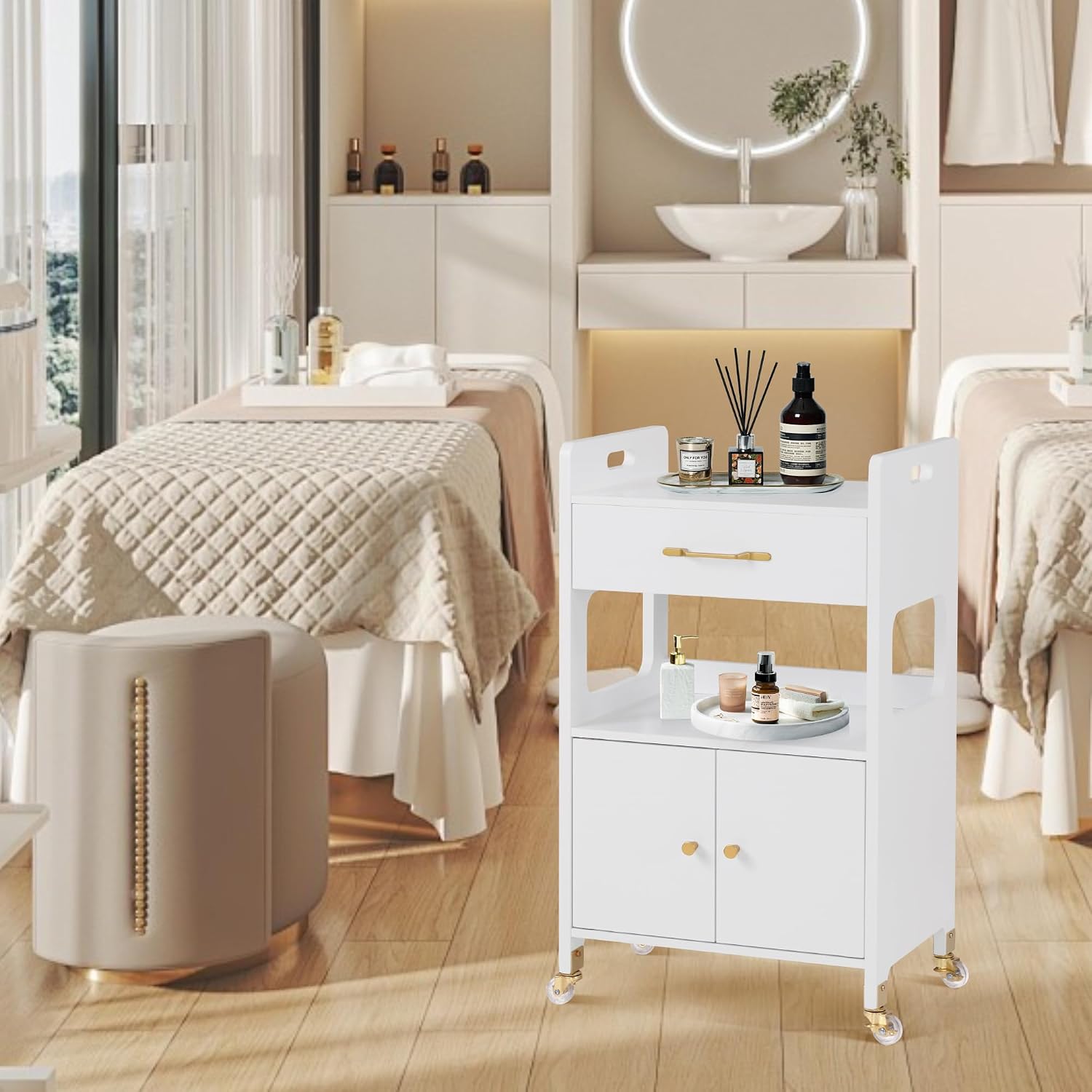 BarberPub Hair Salon Rolling Trolley for Storage, Barber Cart with Cabinet & Lockable Wheels, Beauty Spa Utility Styling Tools Organizer 2494, White