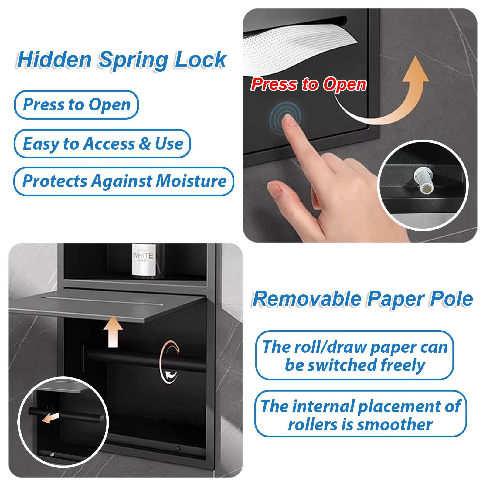 Soporte para Papel higiénico Empotrado en la Pared con Estante, Soporte para Papel higiénico Empotrado, nicho para Papelera Integrado, Inserto para nicho de Papel higiénico para co