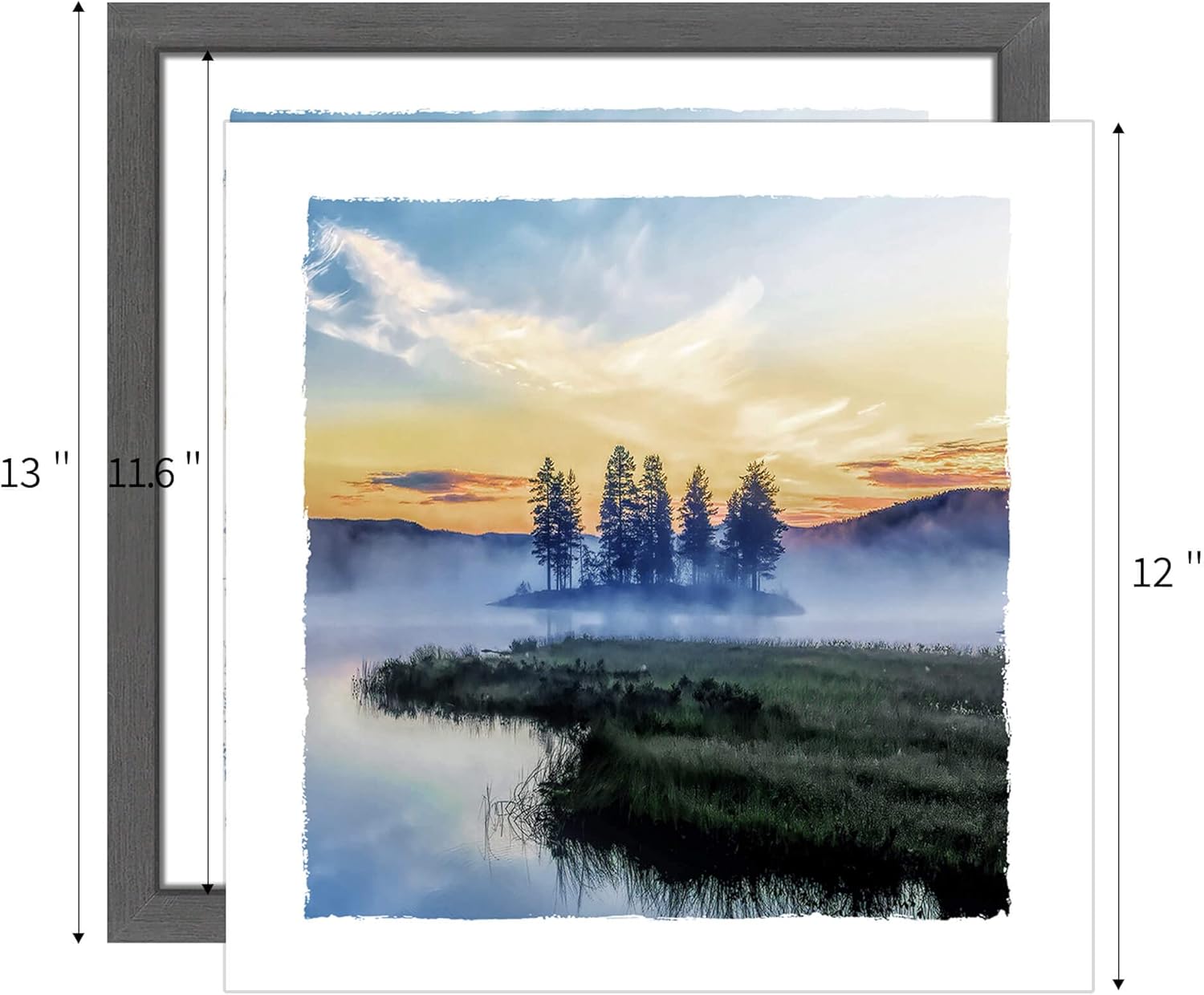 Lake Landscape Framed Wall Art: Modern Wilderness Boat Tree Scenery Foggy Mountain Picture Natural Sunset Sunrise Artwork Print Painting for Bedroom Living Room Bathroom Office