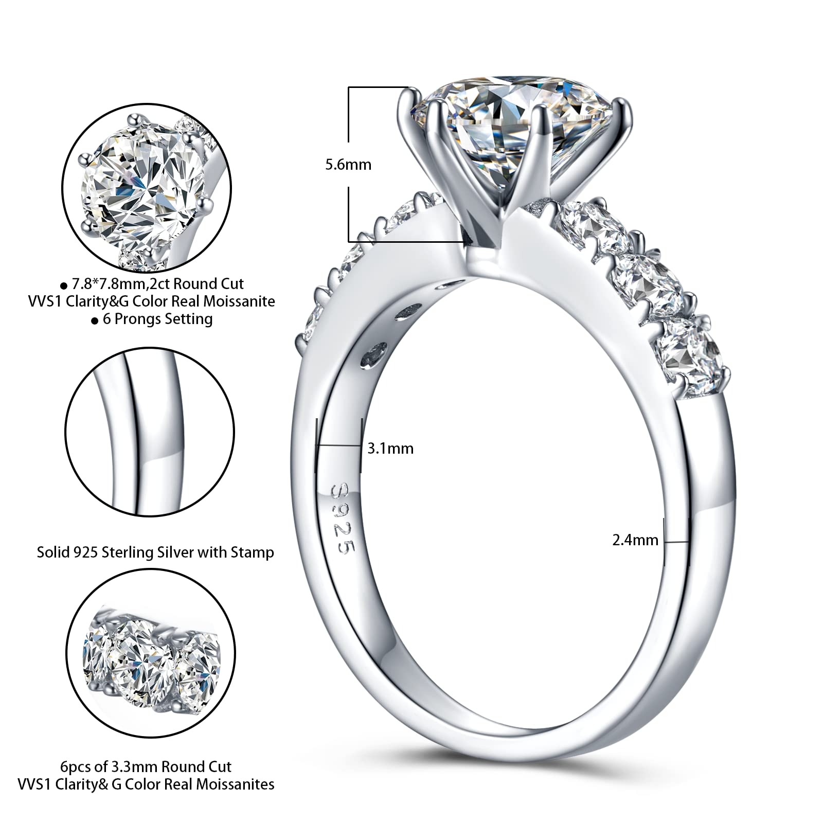 2 carati Moissanite Anello di fidanzamento Promessa di nozze Gold-plating Sterling Silver Anelli per le donne