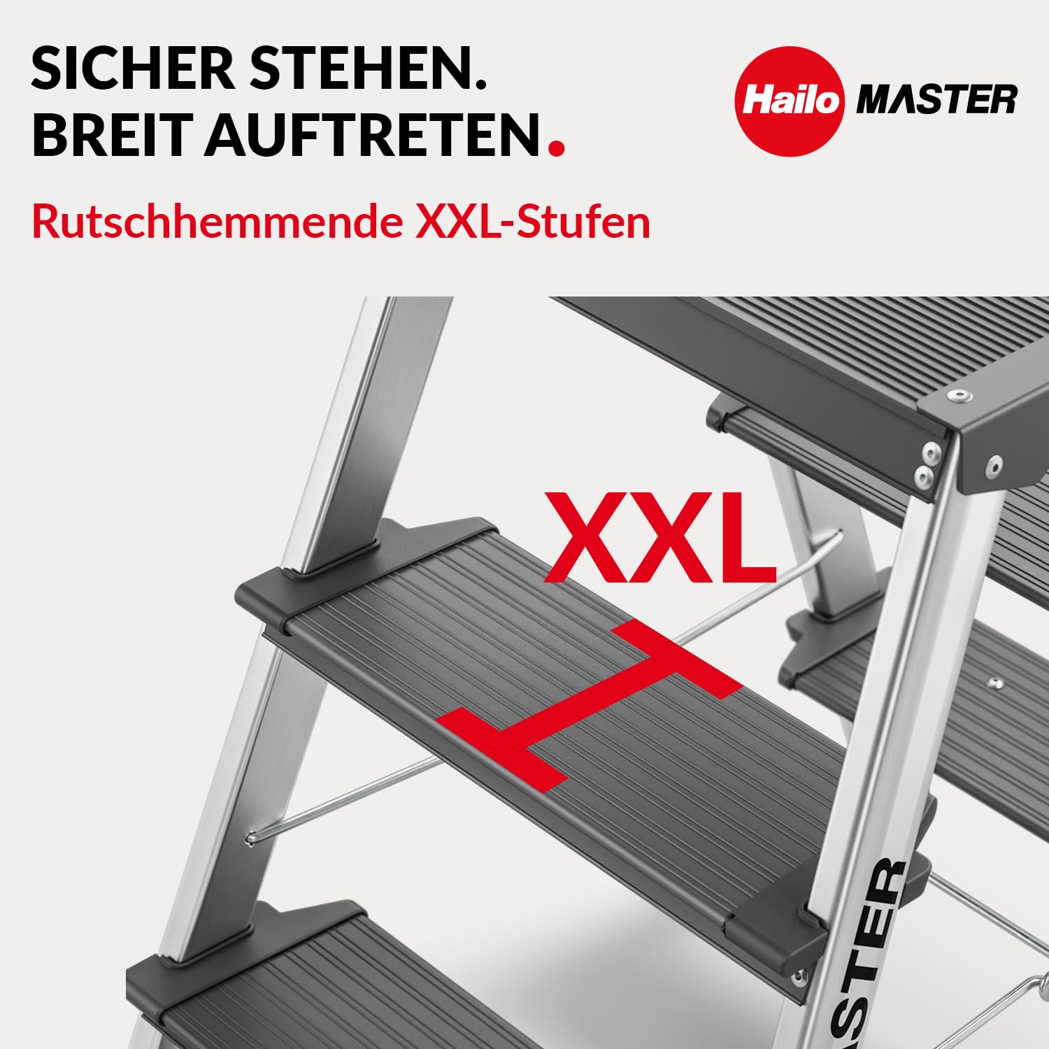 Hailo Master D70 Aluminium Doppelstufen-Trittleiter – kompakte & beidseitig begehbare Klappleiter - Rutschhemmende Stufen & gummierte Füßen - 2 x 3 Stufen - EN 14183 geprüft - belastbar bis 150 kg