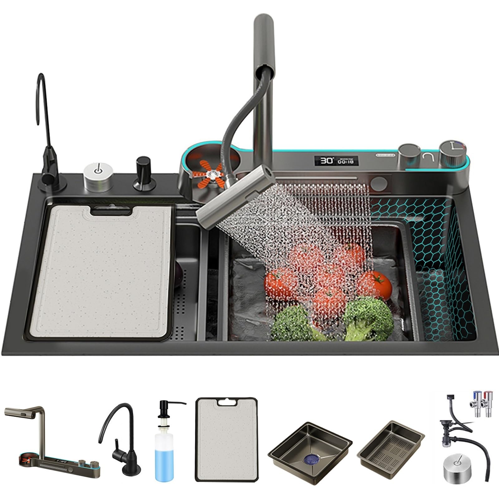 YADZISW Black Stainless Steel Kitchen Sink with Waterfall Faucet Multifunctional Dual Mode Digital Display Includes Multiple Accessories - 68x45x22CM
